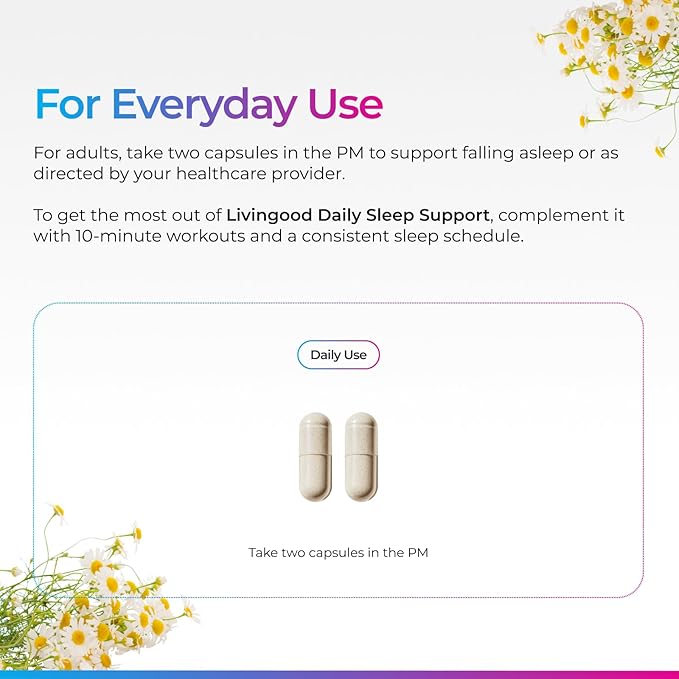 Livingood Daily Sleep Support Supplement 10-in-1 Natural Sleep Aid with 5 MG Melatonin Valerian Root Chamomile Tryptophan &amp GABA for Men &amp Women Non Habit Forming Gluten Free Vegan 60