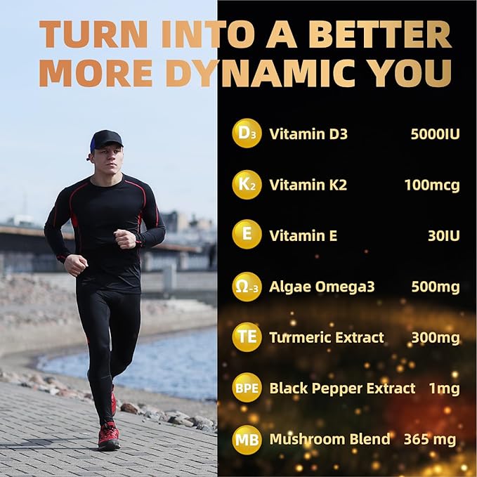 Vitamin D3 5000iu(125mcg) + Vitamin K2(MK7) Gummies with Algae Omega 3 | Maximum Strength Vitamin D3+K2 | for Bone Teeth Energy Immune Calcium Absorption - Vegan Sugar Free60Ct