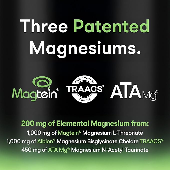 Threonix Triple Magnesium Complex - 200 mg Magnesium from 2450 mg of Magtein L-Threonate Bisglycinate Chelate TRAACS &amp ATA Mg - Brain Sleep &amp Mood Support - High Absorption - 120 Capsules