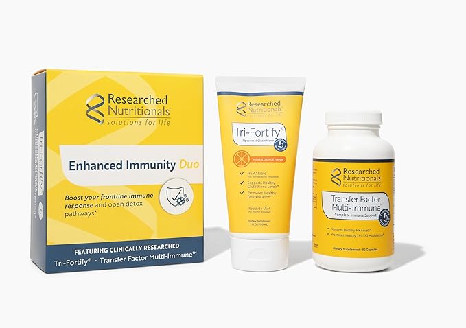 Researched Nutritionals Liposomal Glutathione (450mg) + Colostrum &amp Mushrooms Supplement for Immune Support - Enhanced Immunity Duo - Tri-Fortify Orange + Transfer Factor Multi-Immune (2 Piece Set