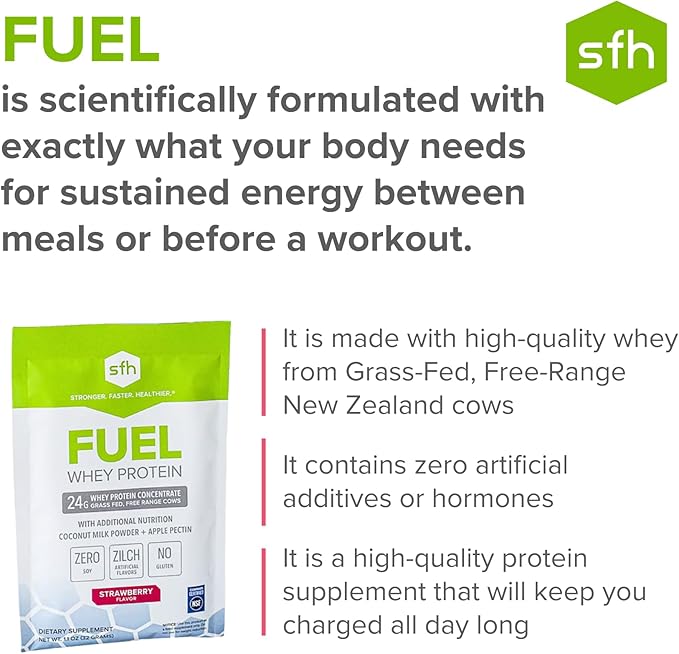 SFH Fuel Whey Protein Powder Great Tasting Grass Fed Whey | MCTs &amp Fiber for Energy | All Natural | Soy Free Gluten Free No RBST No Artificial Flavors (Strawberry (1.6lb Bag))