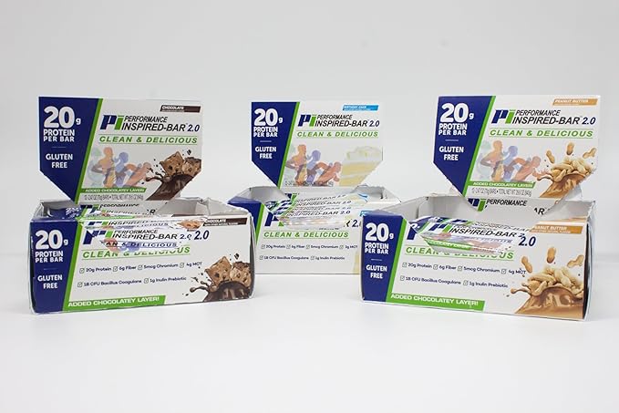 Performance Inspired Nutrition Protein Bar 2.0 Mixed Box – 12 Bars (4 Chocolate 4 Peanut Butter 4 Birthday Cake) – 20G Protein 6G Fiber 4G MCTs 1 Billion CFU Probiotics – Gluten-Free