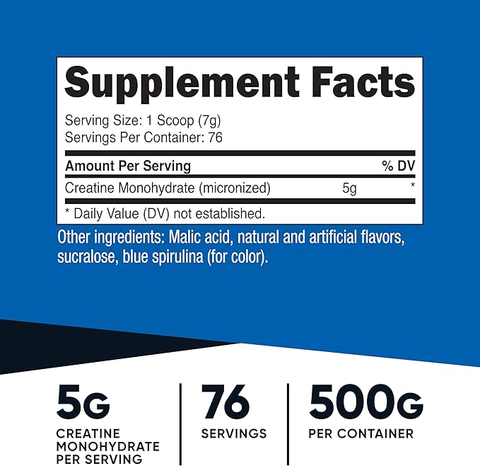 Nutricost Creatine Monohydrate Powder (Blue Raspberry) 500 Grams (1.1 LBS)