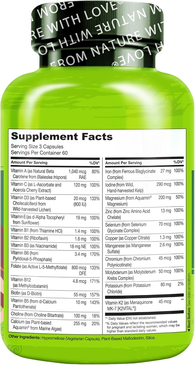 NATURELO Prenatal Multivitamin with Gentle Chelated Iron Methyl Folate Plant Calcium &amp Choline - Vegan Vegetarian - Non-GMO - Gluten Free - 180 Capsules - 4 Month Supply (Pack of 2)