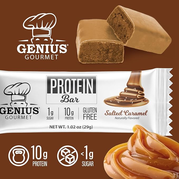 Genius Gourmet Protein Bar Salted Caramel Keto Snack Low Carb Low Sugar &amp Gluten Free Protein Snacks for Adults 10G of Whey Protein per Protein Bar 5 Net Carbs 20 Count