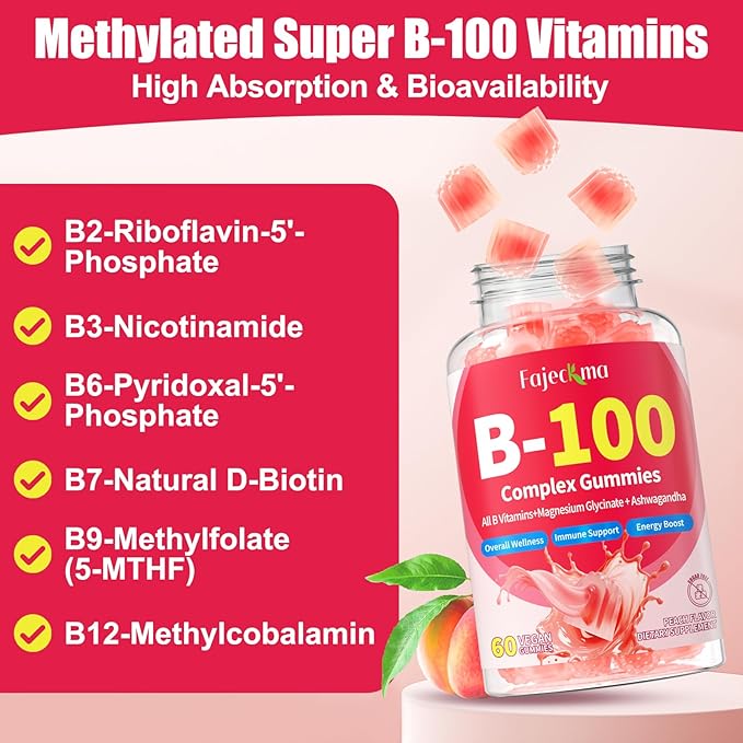 Organic Vitamin B-100 Complex Gummies: Chewable B Complex Supplement with All B Vitamins B1 B2 B3 B5 B6 B7 B9 B12 Plus D3 Zinc Ashwagandha - Energy Support for Work Women Men Vegan(120Count)