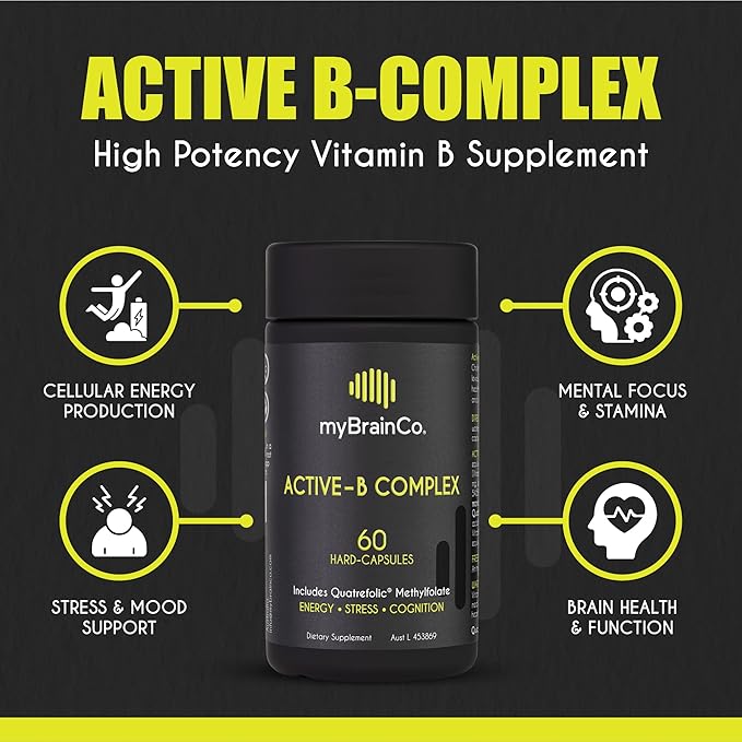 myBrainCo. Active-B Complex – High Strength Activated B Vitamin Supplement with B2 B6 B12 &amp Methyl Folate – Supports Energy Brain Function &amp Nervous System – 60 Vege-Capsules