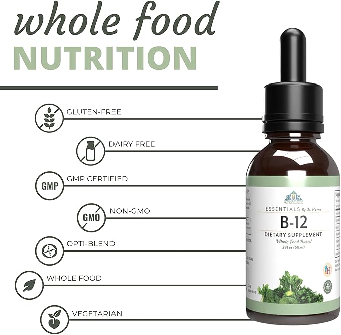 Optimal Health Systems Essential B-12 Drops | Whole Food B-12 for Energy Red Blood Cell &amp Cognitive Support | Potent Vegetarian Gluten Free Non-GMO – 60 mL
