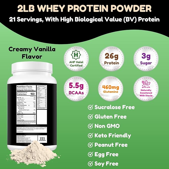 SHIFAA NUTRITION Delicious Creamy Vanilla Halal Whey Protein Powder 2Lbs | 26g Protein 5500mg BCAAs and 460mg Glutamine | for Recovery &amp Lean Muscles | Gluten-Free | Non-GMO | Keto-Friendly
