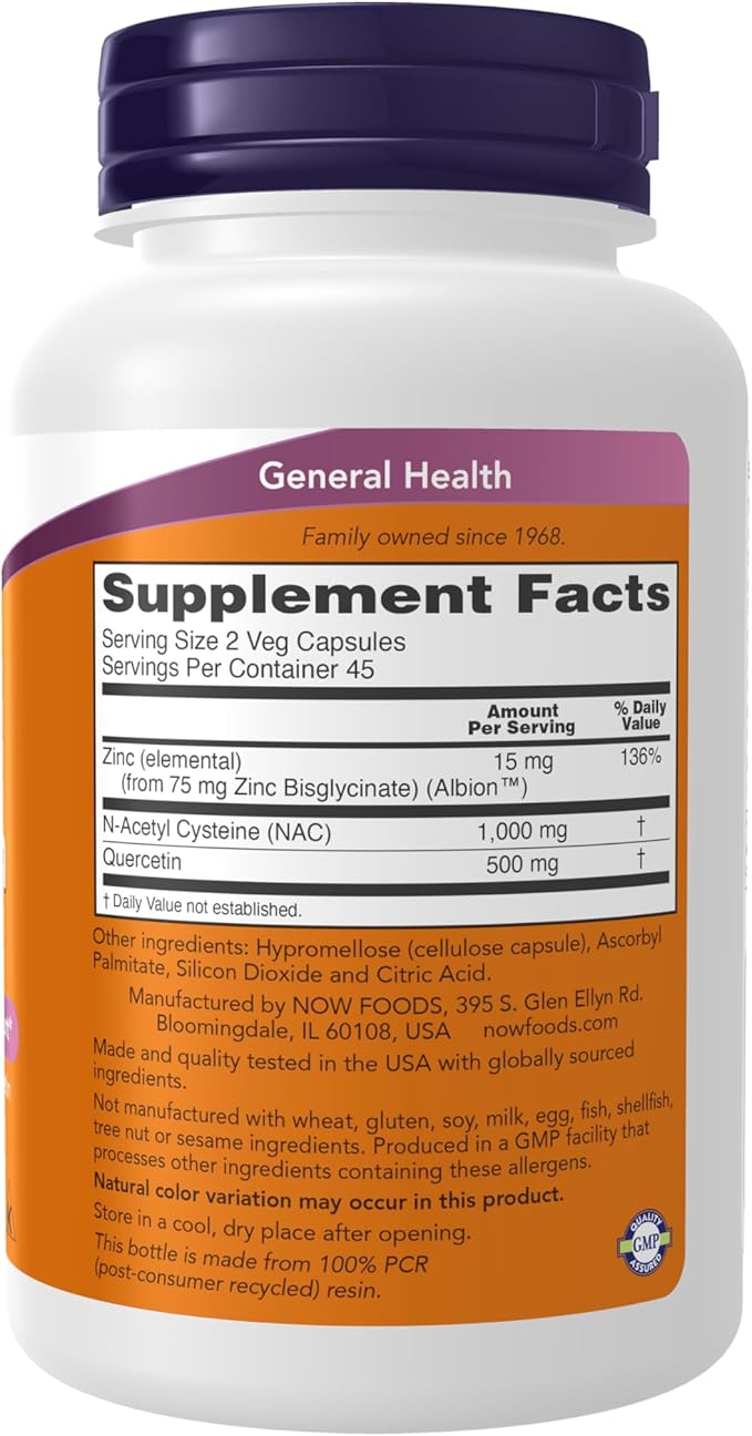 Now Foods Supplements NAC Quercetin and Zinc Immune and Respiratory Support* 1000 mg NAC 500 mg Quercetin 15 mg Zinc 90 Veg Capsules
