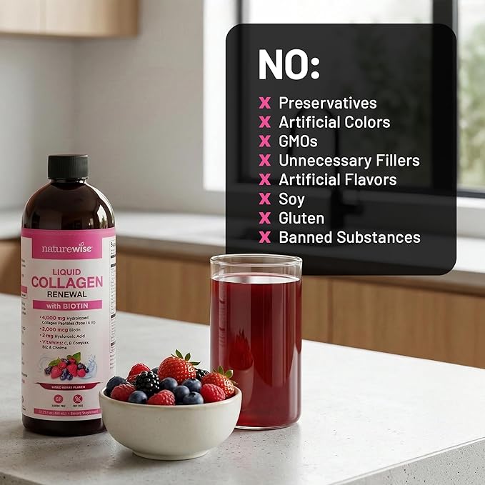 NatureWise Hydrolyzed Liquid Collagen for Women &amp Men 4000mg - Multi Collagen Peptides + Biotin + Vitamin C + Vitamin B Complex &amp Hyaluronic Acid - Mixed Berry - 15.22 fl oz[45 Day Supply]