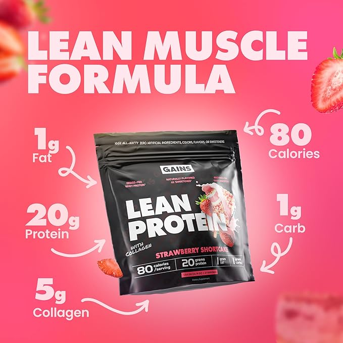 Gains in Bulk Lean Protein Powder With Collagen Peptides Gluten Free Grass Fed Whey 20 G Protein &amp 5 G Collagen Plant Enzymes to Support Digestion Natural Flavor Strawberry Shortcake 27 Serv