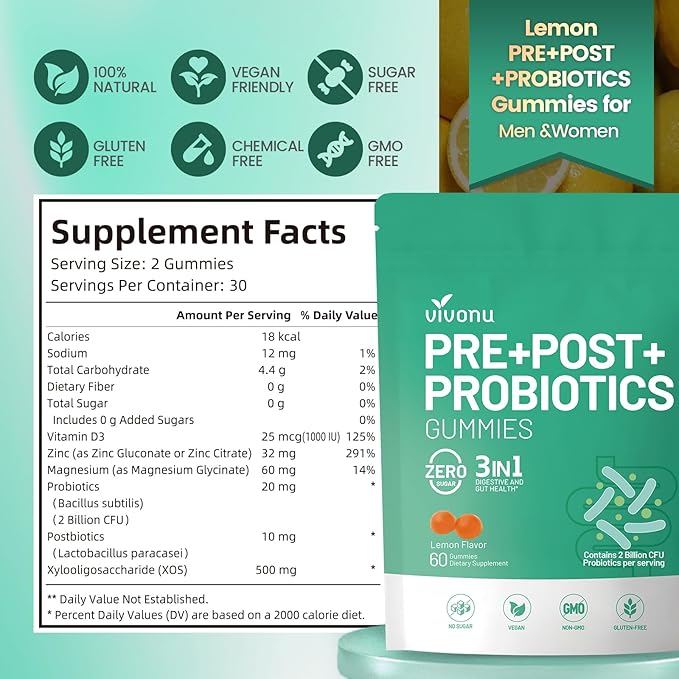 VivoNu Probiotics for Digestive Health Gummies 3 in 1 Intestinal Digestion Contains 2 Billion CFU Probiotic Zinc Magnesium and Vitamin D3 Men's Probiotics for Women Non GMO (240Gummy/4Pack)