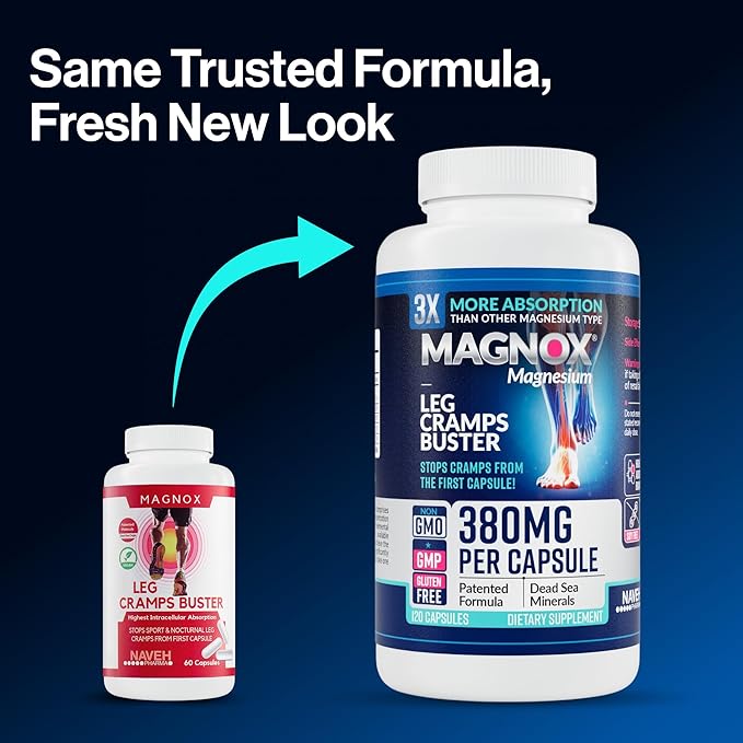 MAGNOX® Buster | Patented Clinically Tested 380mg Magnesium Supplement for Spasms &amp Leg Cramps at Night | One Capsule a Day for Almost Full Dosage | 3X More Absorption | Dead Sea Minerals (120 Cap