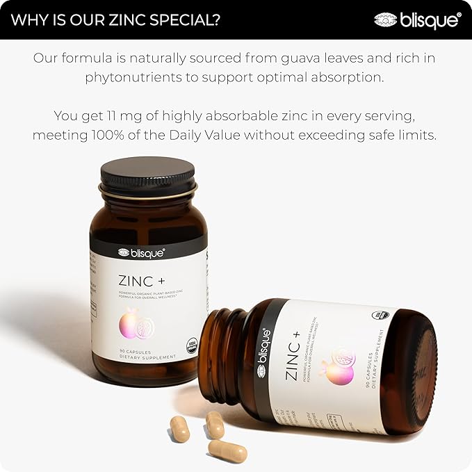 Blisque – Organic Zinc Supplement Sourced from Guava Leaves | for Immune Support Defense and Boost | with Ginger Extract | 90 Capsules