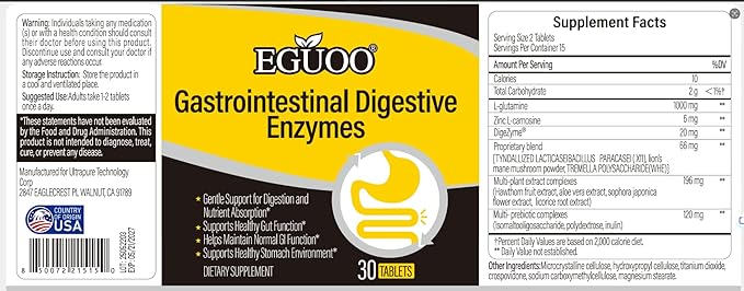 Gastrointestinal Digestive Enzymes Multi-Prebiotic Complex with Plant Extracts 30 Tablets Dietary Supplement for Gut Health and Digestion Support