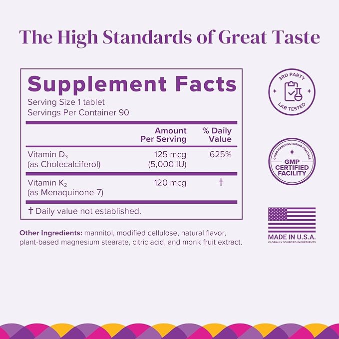 BariMelts Vitamin D3 K2-90 Fast-Dissolving Tablets (3-Month Supply) - Bariatric Vitamins for Women with Vitamin D3 5000 IU and K2 as MK-7 Natural Apple Flavor