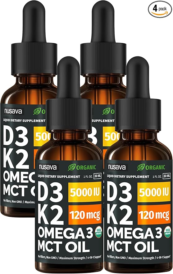 (4 Pack) Organic Vitamin D3 K2 Drops with MCT Oil Omega 3 5000 IU - Maximum Strength Vitamin D Liquid No Fillers Non-GMO Liquid D3 for Faster Absorption and Immune Support Unflavored 4 Fl Oz