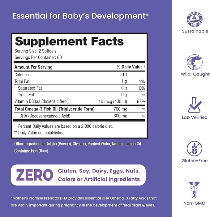 Prenatal DHA for Women 600mg + 400 IU Vitamin D3 | 120 Softgels | Supports Brain Health | Triglyceride Omega 3 Fish Oil DHA Prenatal Vitamins for Pregnancy &amp Nursing | 300mg per Capsule