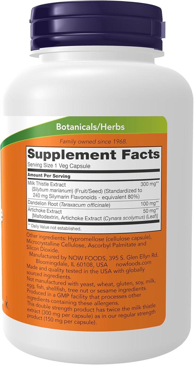 NOW Foods Supplements Silymarin Milk Thistle Extract 300 mg with Artichoke and Dandelion Double Strength Supports Liver Function* 200 Veg Capsules