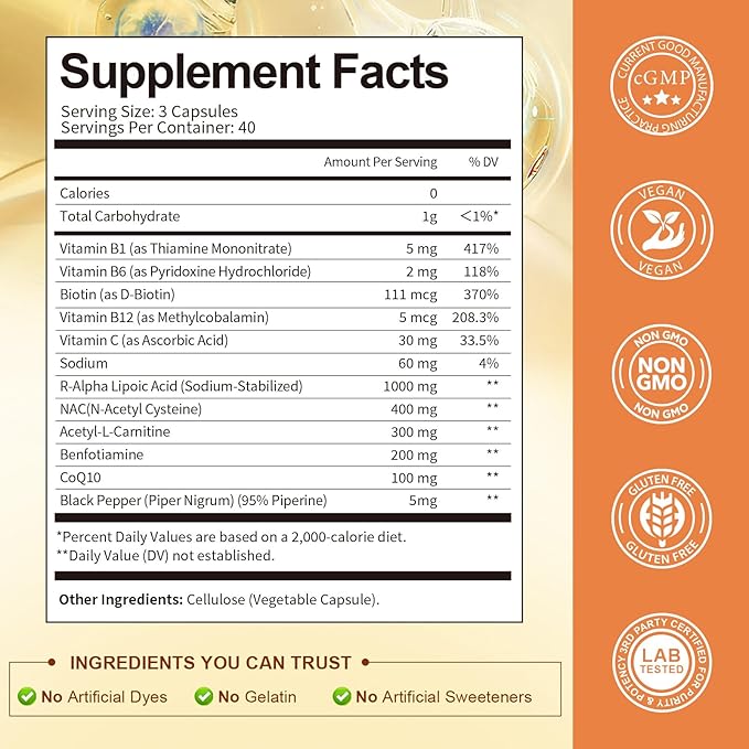 (2 Packs) R Alpha Lipoic Acid 1000mg with Benfotiamine - Sodium ALA Supplement for Neuropathy Support Nerve Health &amp Antioxidant Cell Energy Metabolism and Anti-Aging Non-GMO Gluten Free Vega