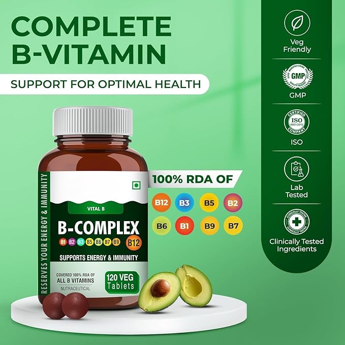 TU Vita B Complex Vegetable Capsules 100% RDA B Vitamins (B1 B2 B3 B5 B6 B7 B9 B12) Vitamin C Calcium Iron Zinc Potassium Folic Acid 120 Count