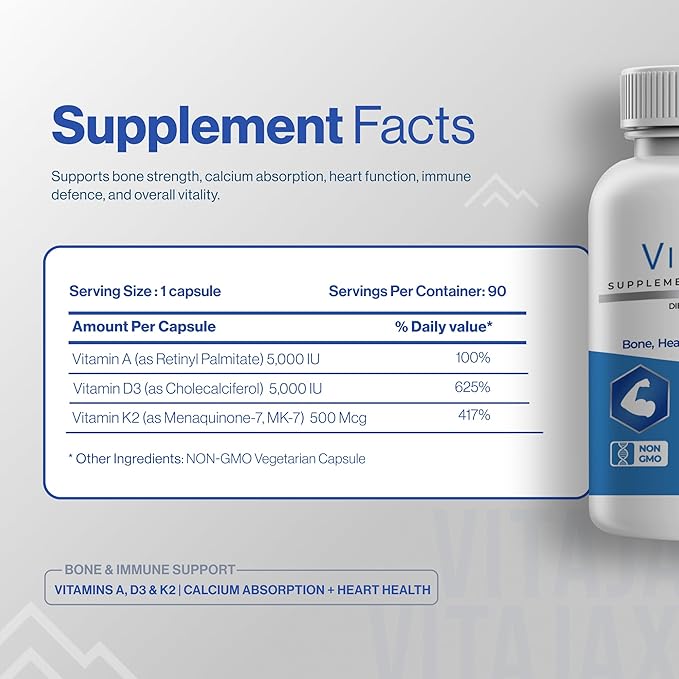 ADK - Vitamin ADK Supplement 90 Capsules - High Potency Vitamin A D3 (5000 IU) K2 as MK-7 for Bone Heart &amp Calcium Absorption – Non-GMO Gluten Free (3 Month Supply)