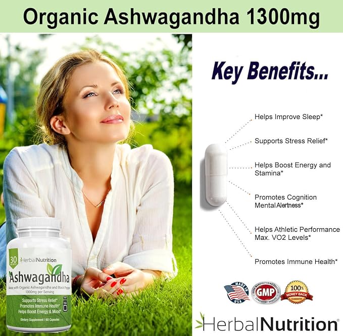 Herbal Nutrition Organic Ashwagandha 120 Vegan Capsules Withania somnifera Root Powder Traditional Ayurvedic Herb for Balance Calm &amp Daily Wellness Non-GMO Plant-Based Tested for Quality