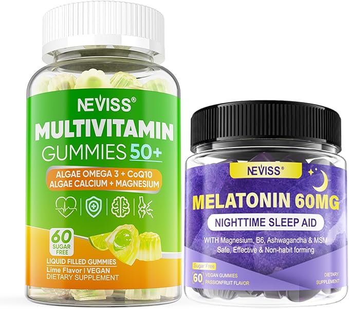NEVISS Bundle-Melatonin Gummies 60mg+ Multivitamin Gummies for Women &amp Men 50+