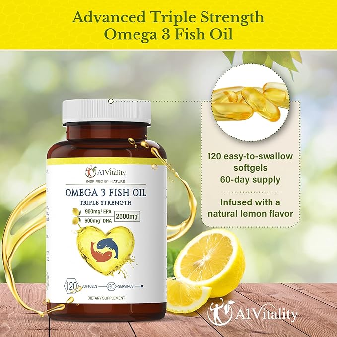 Omega 3 Triple Strength EPA DHA Supplement - 2500mg Lemon Flavored Burpless Fish Oil - High Potency 900mg EPA 600mg DHA Supports Circulation Brain Heart Eye Skin Bone &amp Joints - 120 Softgels