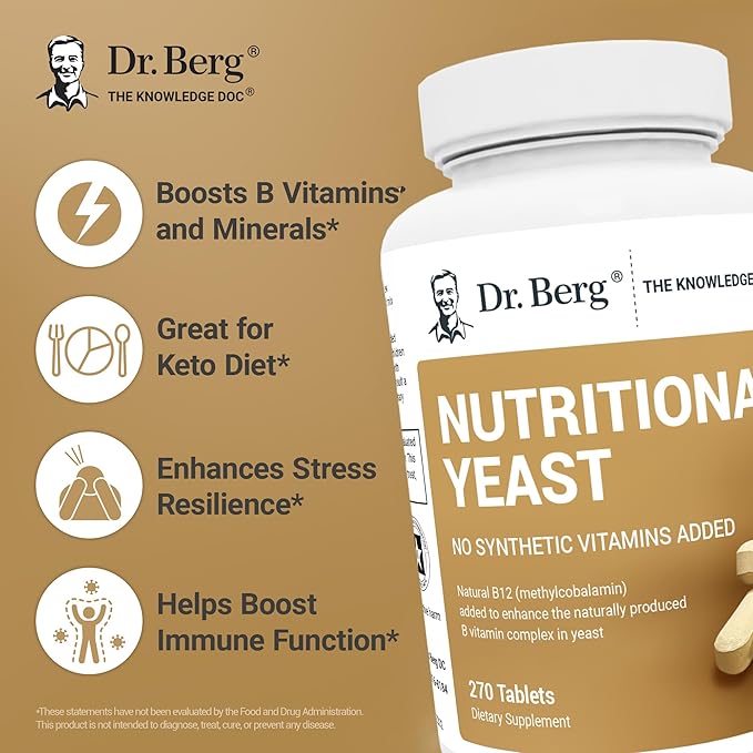 Dr. Berg Nutritionals Yeast Tablets – Natural B12 Added - All 8 B Vitamin Complex – Organic Vanilla Flavor - 270 Vegan Tablets Dietary Supplements
