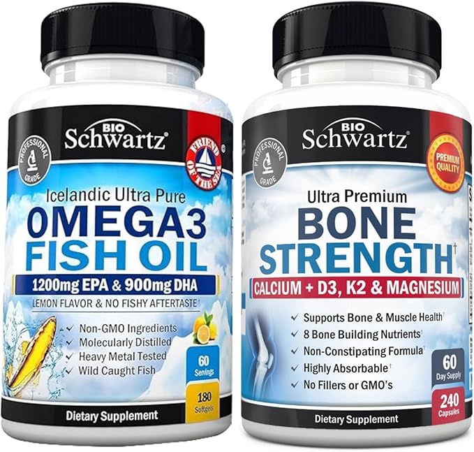 Bone Strength Mineral Supplement with Calcium and Magnesium (2 Month Supply) Plus Triple Strength Omega 3 Fish Oil Softgels (2 Month Supply)