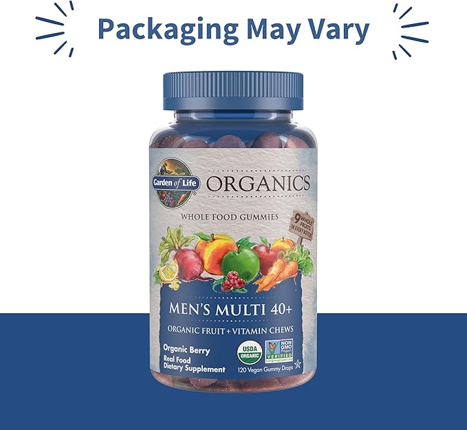 Garden of Life Organics Men 40+ Gummy Vitamins - Berry - Certified Organic Non-GMO Vegan Kosher Complete Multi - Methyl B12 C &amp D3 - Gluten Soy &amp Dairy Free 120 Real Fruit Gummies