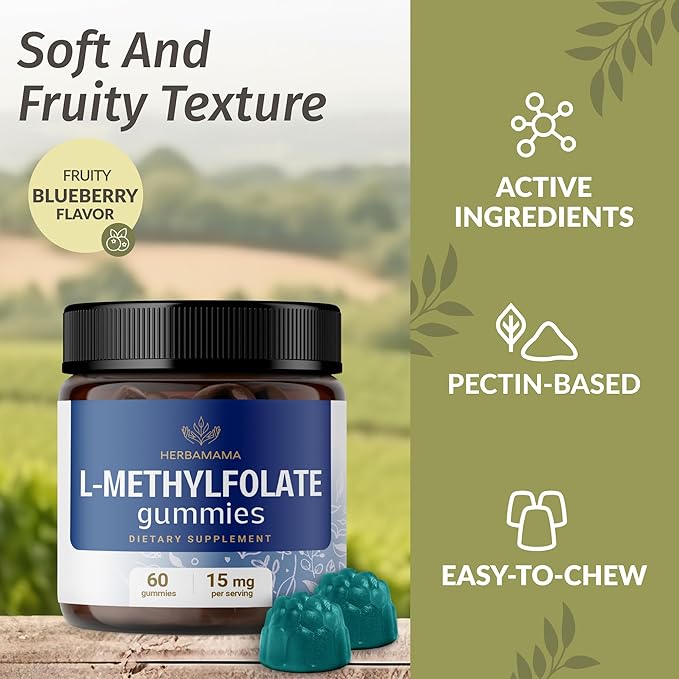 HERBAMAMA L-Methylfolate Gummies - 15mg 5-MTHF Calming Supplement for Adults - Vegan Non-GMO Methylated Folate (Vitamin B9) for Brain Support - 60 Pectin-Based Blueberry-Flavored Chews (Pack of 2)