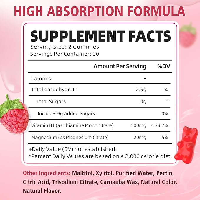 Pack of 2 Vitamin B1 Gummies 500mg for Adults &amp Kids Thiamine B1 Supplement with Magnesium Vitamin B1 Supplement for Nervous System Supports &amp Boost Energy Raspberry Flavor 120 Count