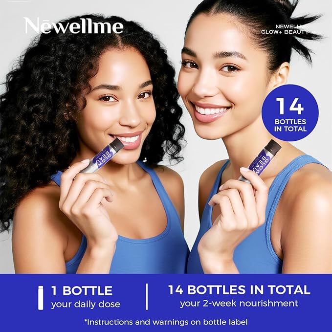 NEWELLME Glow+Beauty Collagen Drink – Liquid Beauty Supplement with Hyaluronic Acid &amp Antioxidant Complex Supports Skin Hydration Hair &amp Nail Strength 14 Bottles