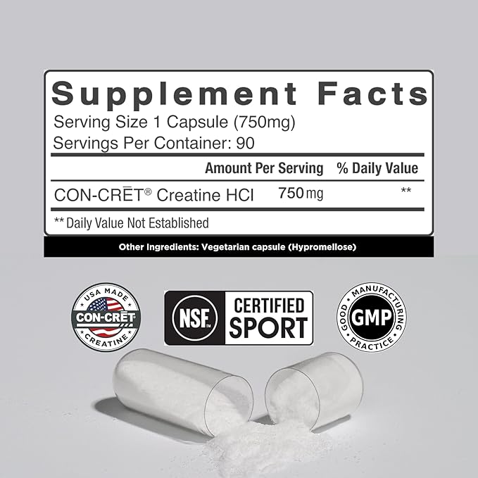 CON-CRET Creatine HCl Capsules | Muscle Cognitive Cellular Energy Support | No Bloating or Cramps | USA Made &amp NSF Certified | Creatine Pills (90 ct)