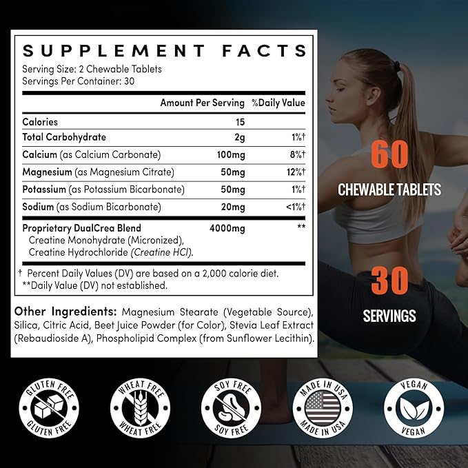Liposomal Creatine Monohydrate Chewable Tablets 4220mg Micronized Creatine + Creatine HCL Blend Easy-to-Take Creatine Supplement Portable Workout Support 120 Tablets 60 Servings