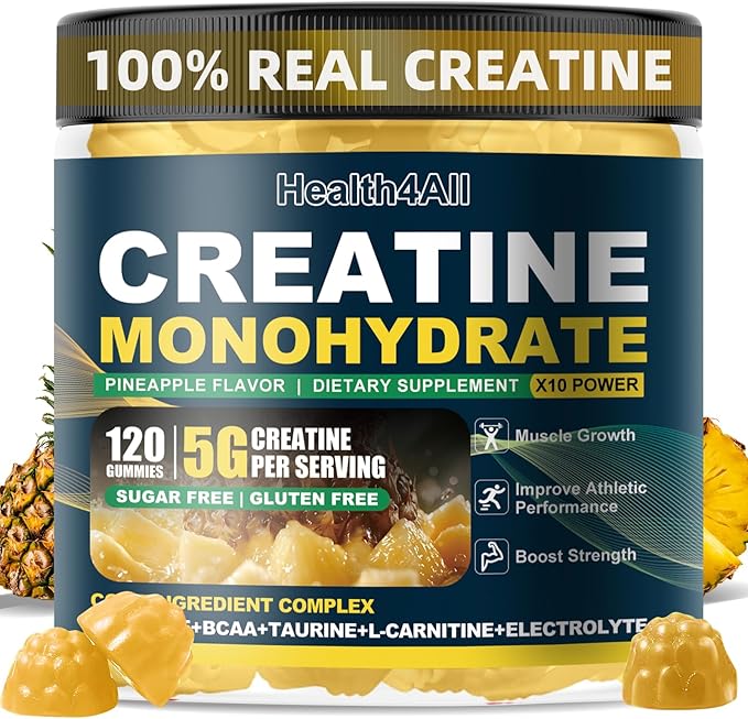 Health4All Creatine Monohydrate Gummies 5g for Men &amp Women Creatine Gummy for Strength Energy &amp Muscle Growth Support Pre-Workout Supplement - Pineapple 120 Gummy