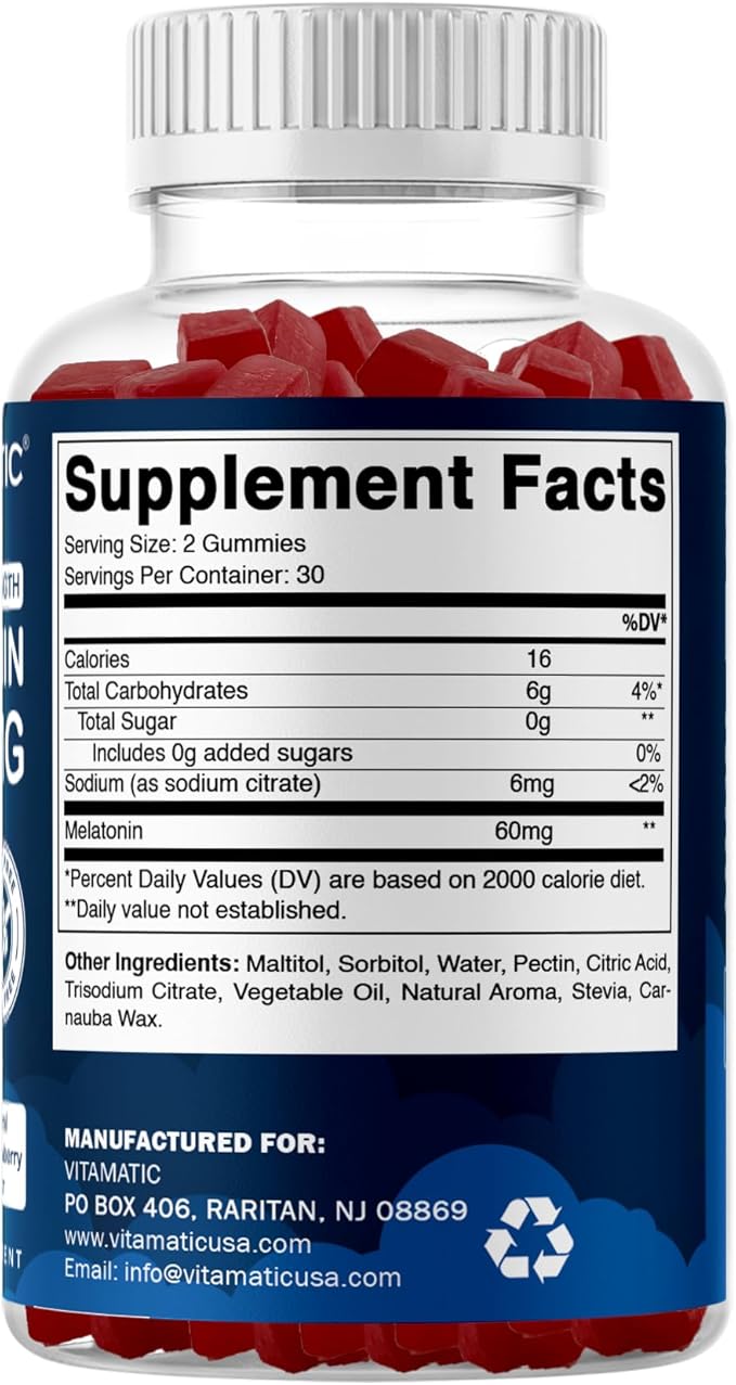Vitamatic Sugar Free Melatonin 60 mg - 60 Vegetarian Gummies - Non-Habit Forming Supplement (Pack of 2)