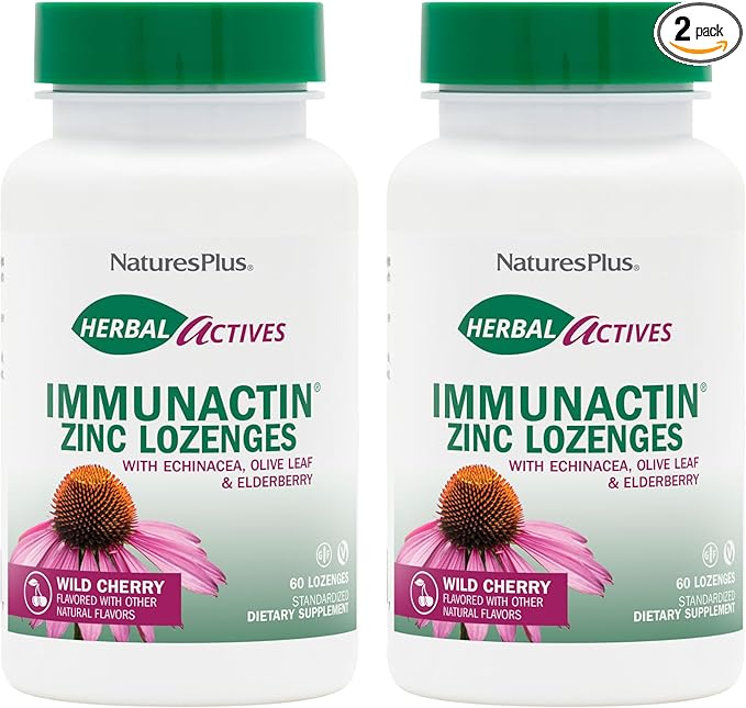 NaturesPlus Herbal Actives ImmunActin - 60 Zinc Lozenges Pack of 2 - Wild Cherry Flavor - Supports Immune Health - with Echinacea Elderberry &amp Olive Leaf - Gluten Free - 120 Total Servings
