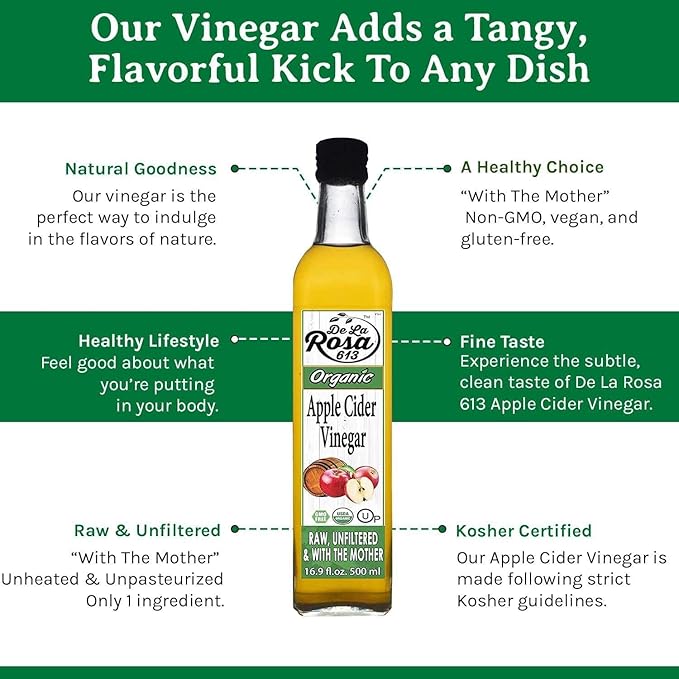 De La Rosa Organic Apple Cider Vinegar Raw &amp Unfiltered with The Mother Kosher for Passover Vegan &amp Gluten-Free Perfect for Salad Dressings &amp Marinades 16.9 oz (Single Bottle)