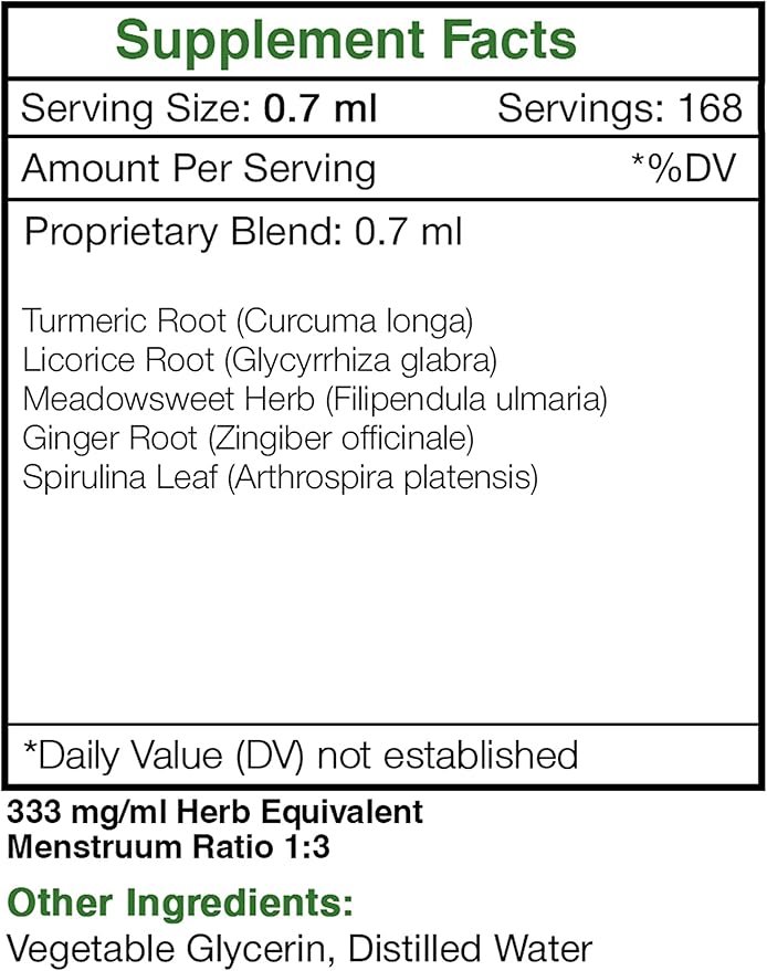 Tribal Inflam-Ease Alcohol-Free Glycerite Turmeric Licorice Meadowsweet Ginger Spirulina. Tincture Herbal Extract Intestinal Comfort Formula 4 OZ