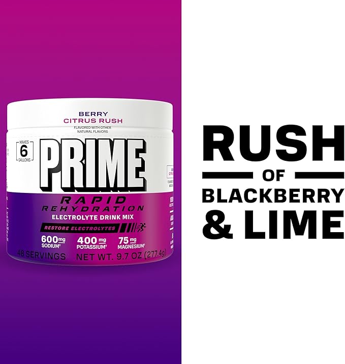Prime Rapid Rehydration Electrolyte Powder Berry Citrus Rush Sugar Free Hydration Drink Mix with Sodium Potassium Magnesium &amp B Vitamins to Replenish Fluids Caffeine Free 6 Gallon Tub 48 SR