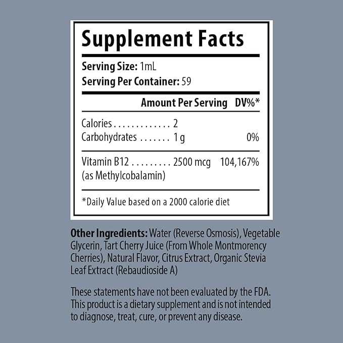 Vitamin B12 2500 mcg 2 oz Liquid Drops for Energy Production Nervous System Health - No Artificial Preservatives Non-GMO Gluten Free Vegan-Friendly