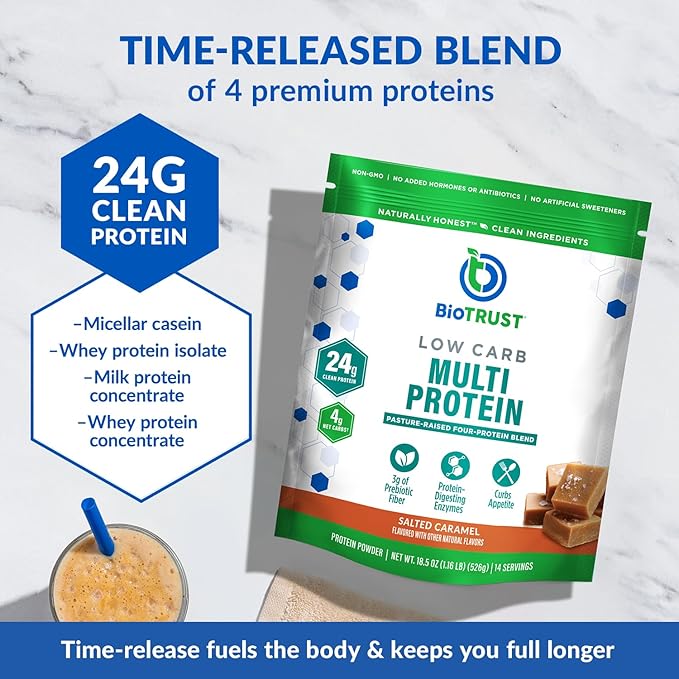 BioTrust Low Carb Protein Powder - Healthy Isolated Whey Protein Powder and Casein Blend from Grass-Fed Pasture-Raised Cattle Plus Digestive Enzymes - Salted Caramel 14 Servings