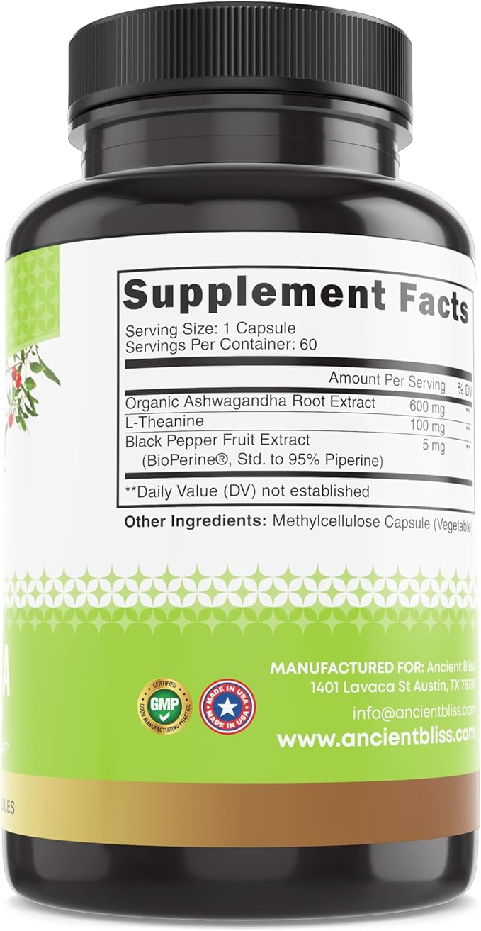 Ancient Bliss Ashwagandha with L-Theanine &amp Black Pepper Extract Capsules Energy &amp Natural Mood Support Supplement Focus Supplement for Adults
