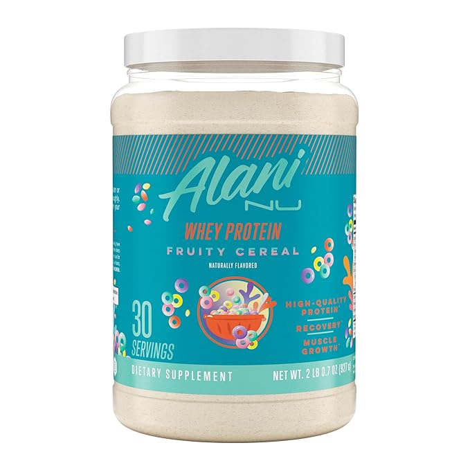 Alani Nu Whey Protein Powder Fruity Cereal | 23g Protein with Low Sugar &amp Digestive Enzymes | Meal Replacement Powder | Low Fat Low Carb Whey Isolate Protein Blend | 30 Servings