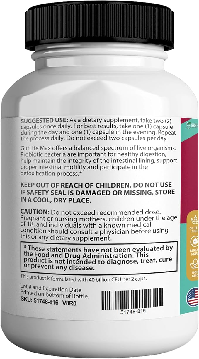 GutLite Max Probiotic Supplement Maximum Strength 40 Billion CFU 60 Capsules 30-Day Supply MAKTREK Bi-Pass Technology (5)