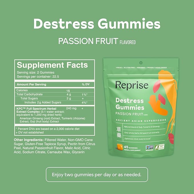 De-Stress Gummies with American Ginseng Turmeric and Goji - Assist with Stress Relief &amp Mood Boost All-Natural Relaxation Low-Sugar 45 Vegan Gummies Passion Fruit (Pack of 1)